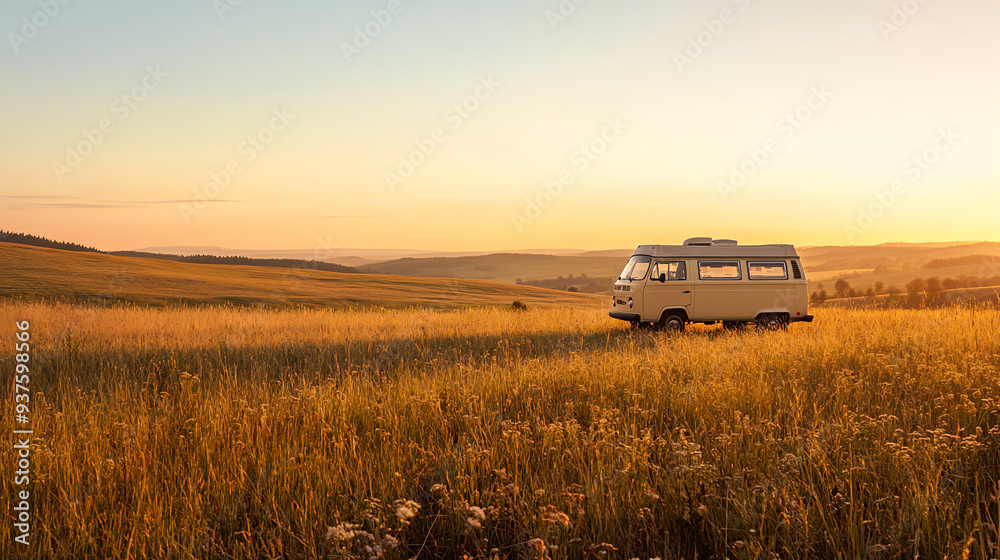Fototapeta premium Camper van parked in a tranquil rural landscape.