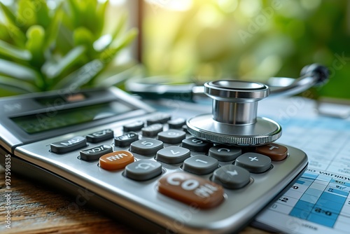Doctor with stethoscope calculate medical fee costs and revenue practitioner use calculator at clinic