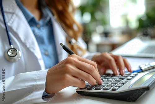 Doctor with stethoscope calculate medical fee costs and revenue practitioner use calculator at clinic