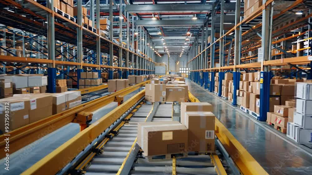 A spacious warehouse features numerous boxes moving along a conveyor belt, showcasing a bustling environment where goods are efficiently sorted and prepared for distribution.