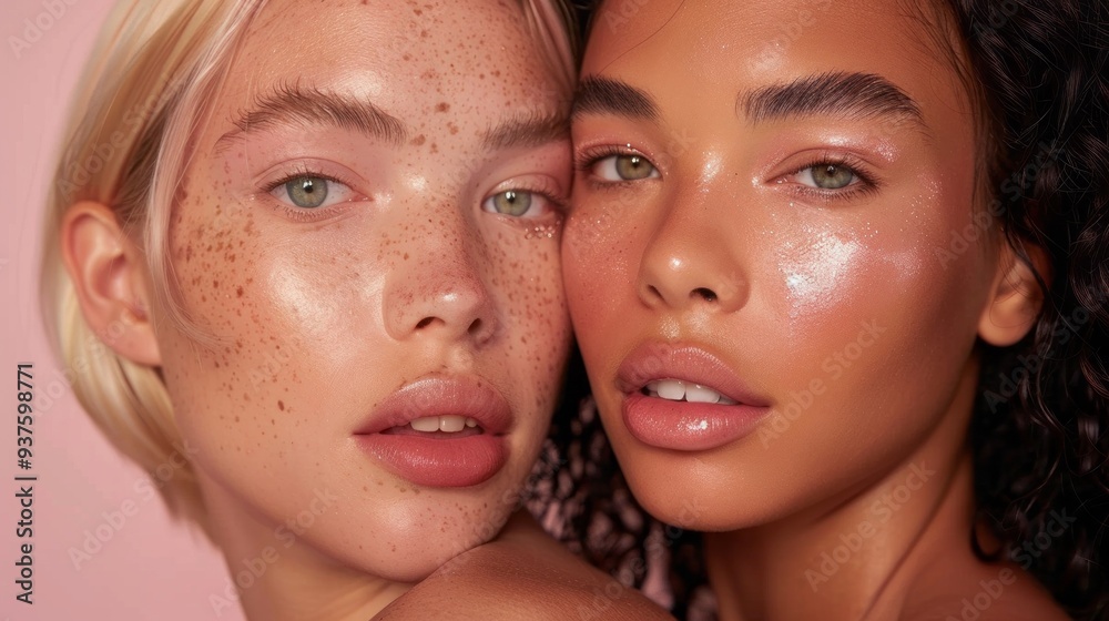 Two models with glowing skin and minimal makeup lean close together, radiating confidence and beauty. Their playful expressions capture a moment of friendship, highlighting natural features Two models with glowing skin and minimal makeup lean close together, radiating confidence and beauty. Their playful expressions capture a moment of friendship, highlighting natural features