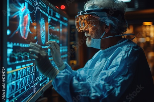 Doctor with virtual reality in operation room in hospital Surgeon analyzing patient heart testing result and human anatomy on technological digital futuristic virtual interface,digital holographic