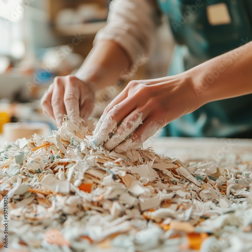 Eco-Friendly Product Design: Hands Crafting Recycled Materials into Sustainable Innovations in Bright, Clean Studio Setting - Editorial Close-Up