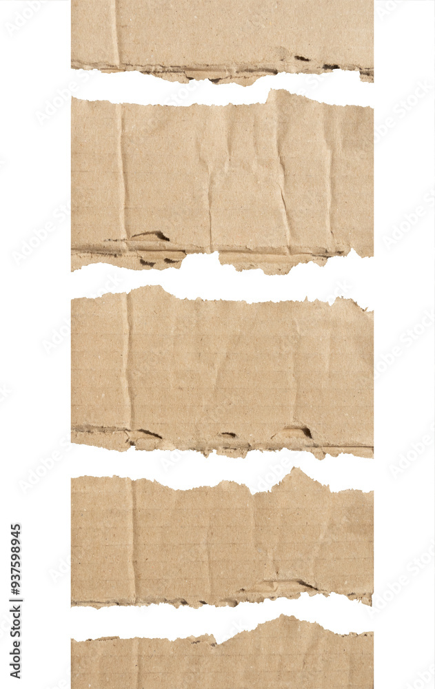 Torn pieces of corrugated cardboard laid out on a transparent background demonstrating texture and uniqueness in design. Torn pieces of corrugated cardboard laid out on a transparent background demonstrating texture and uniqueness in design.