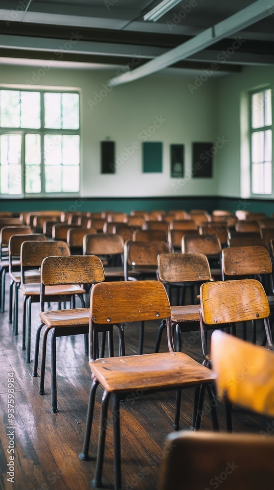 Fototapeta premium Middle and late 20th century, classroom, education, empty classroom, wooden chair, sense of history, design, school, classroom, cultural carrier, conference, library, wood, nobody, empty, luxury,