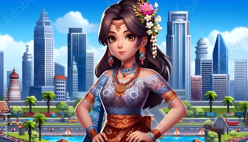 gamestyle character of an Indonesian woman in a batik dress photo