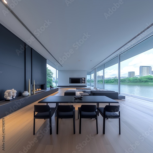 arafed view of a living room with a large window and a long table photo