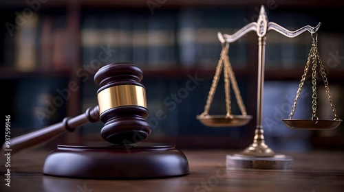 Legal Gavel and Scales on Table with Blurred Book Background, Text Space for Legal Stock Image