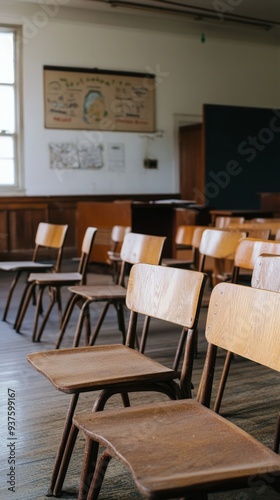 Middle and late 20th century, classroom, education, empty classroom, wooden chair, sense of history, design, school, classroom, cultural carrier, conference, library, wood, nobody, empty, luxury,