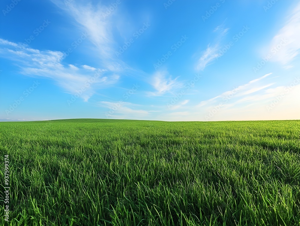 Expansive Grassy Field Under a Vibrant Blue Sky with Fluffy White Clouds Expansive Grassy Field Under a Vibrant Blue Sky with Fluffy White Clouds