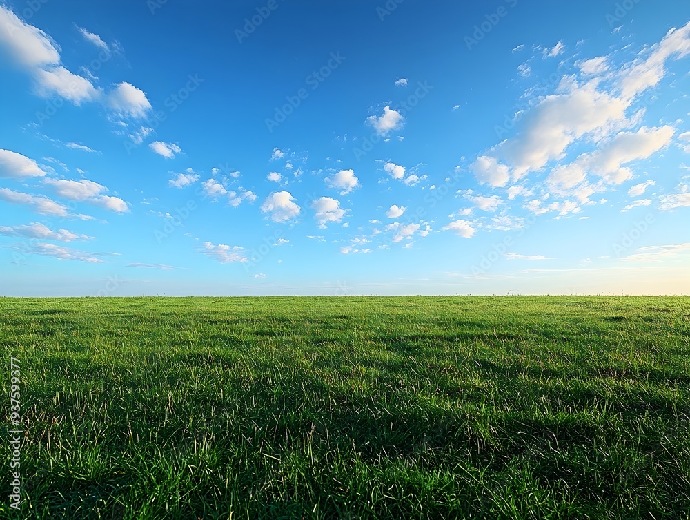 Obraz premium Vast Grassy Meadow Under Tranquil Blue Sky with Fluffy White Clouds