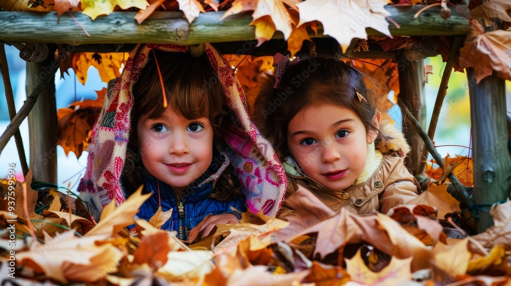 Two Little Girls Peek Out From Behind A Pile Of Autumn Leaves.