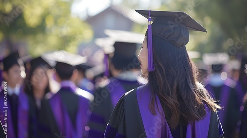 Female college student wearing black and purple graduation gown, seen from behind, high school graduation, educational ceremony. Generative AI.