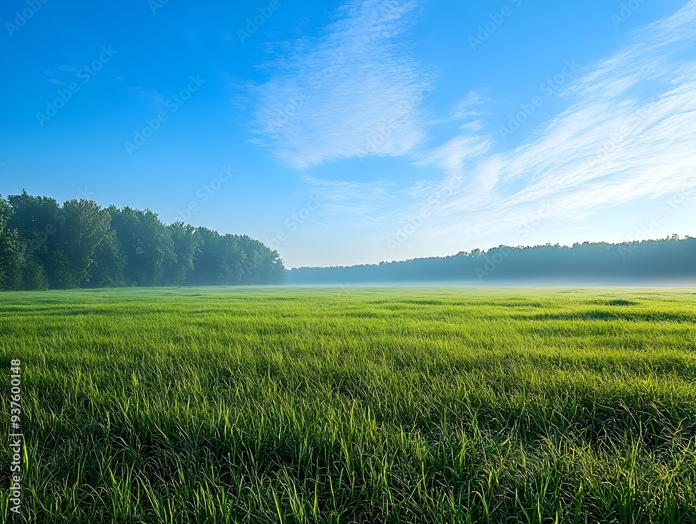 Obraz premium Serene Early Morning Landscape with Lush Green Meadow and Clear Blue Sky