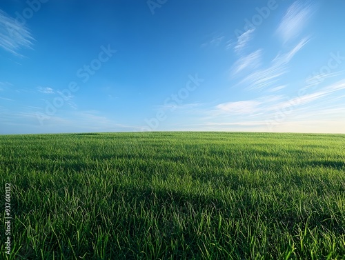 Expansive Green Meadow with Cloudless Blue Sky in Serene Morning Landscape