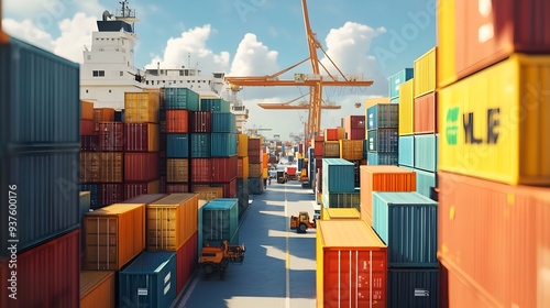 Aerial View of Busy Cargo Shipping Port with Stacked Containers and Cranes photo