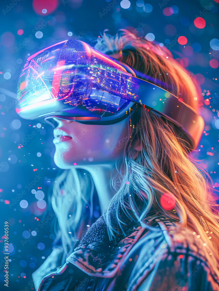 Woman experiencing virtual reality with vr glasses and digital hologram