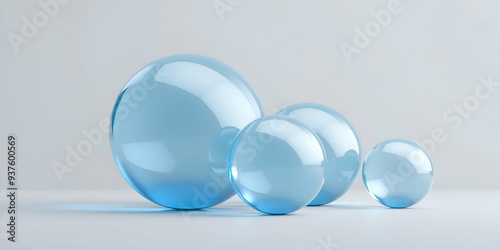 The image showcases a series of three translucent, spherical objects arranged in ascending order of size on a neutral, light gray background. The largest sphere is positioned to the left, while the sm