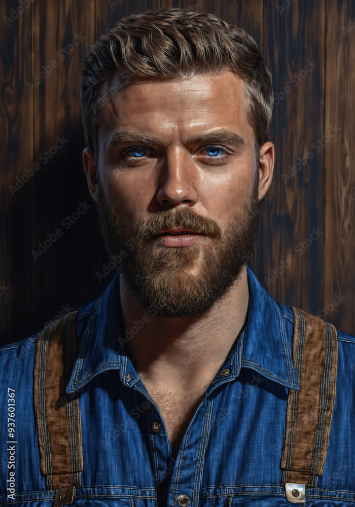 Fototapeta premium Portrait of a young man with a beard in a denim shirt against a wooden wall.