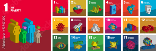 Sustainable Development Global Goals concept.  Vector EPS 3d icon set. Education and Research work Resource. Corporate social responsibility. 3D Icon, Logo, Vector Illustration, EPS.