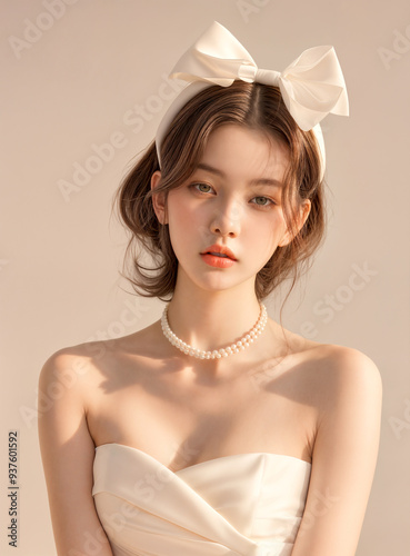 High Quality Detailed, Woman Beauty skin texture, dark hair and white bow hair band, natural light glowing skin, AI generative