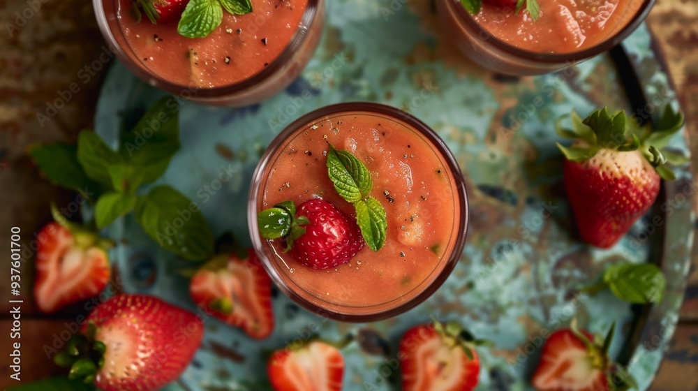 Fresh Strawberry Smoothie on Textured Blue Background. Strawberry and Tomato Gazpacho Fresh Strawberry Smoothie on Textured Blue Background. Strawberry and Tomato Gazpacho