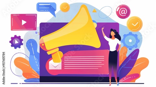 The Voice of Digital Marketing A vibrant megaphone broadcasts a symphony of online marketing icons, symbolizing the power of reaching your target audience in the digital age.