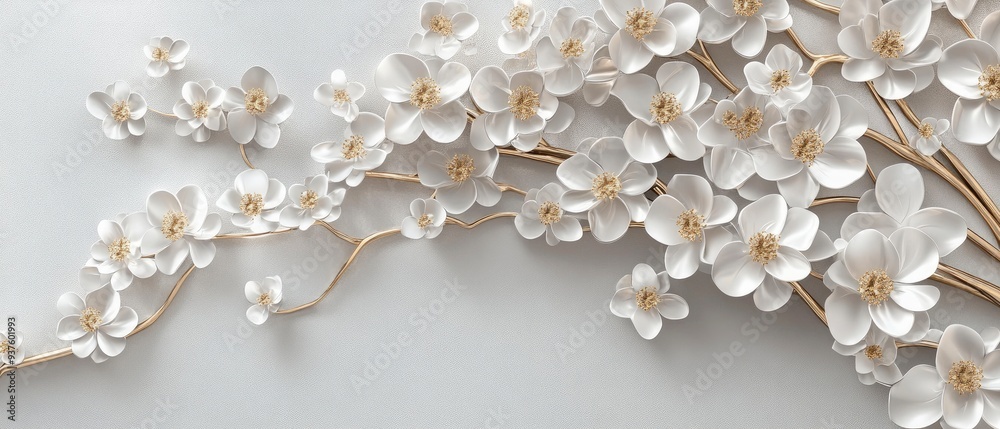 3D white flower tree wall art, elegant, in light silver and gold colors, on a grey background. 3D white flower tree wall art, elegant, in light silver and gold colors, on a grey background.