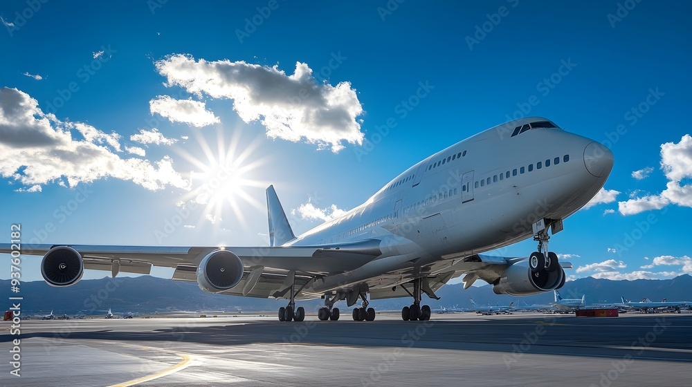 Commercial Airplane Taking Off Against Cloudy Blue Sky and Sunlight Commercial Airplane Taking Off Against Cloudy Blue Sky and Sunlight