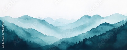 Abstract watercolor painting of green and blue mountains, with soft gradients and a dreamy atmosphere.