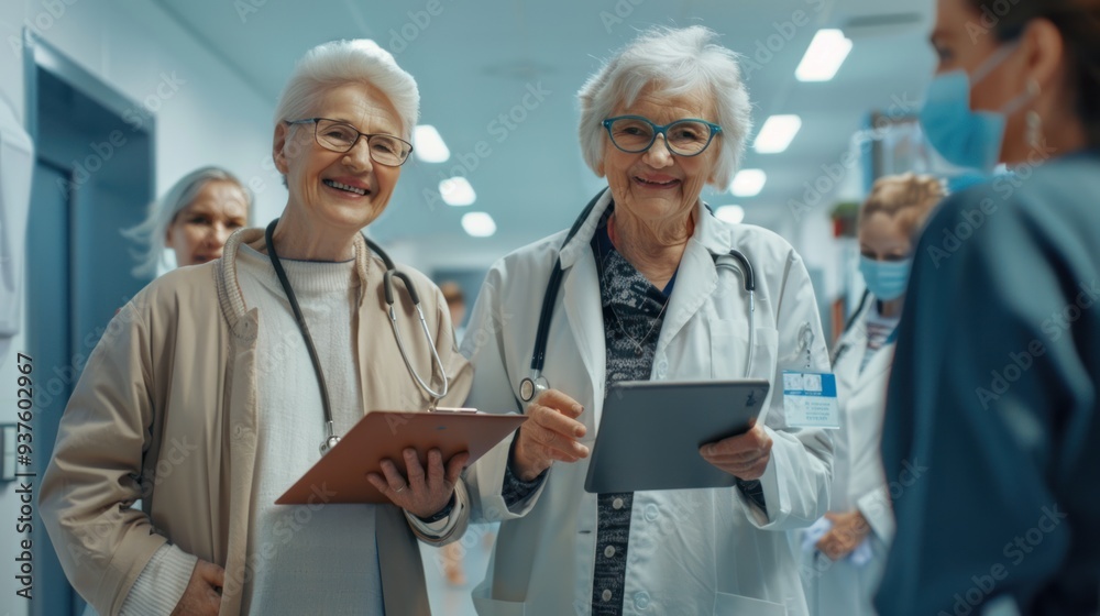 Fototapeta premium elderly female patient Talk to a doctor Ready to receive good news and health results through tablets and advice in the treatment room of a modern hospital