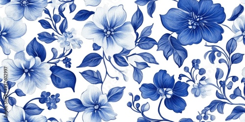 Blue and white porcelain pattern, with floral elements, hand-painted 