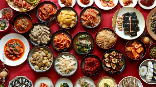 Korean Food Table with Various Dishes on Red Background