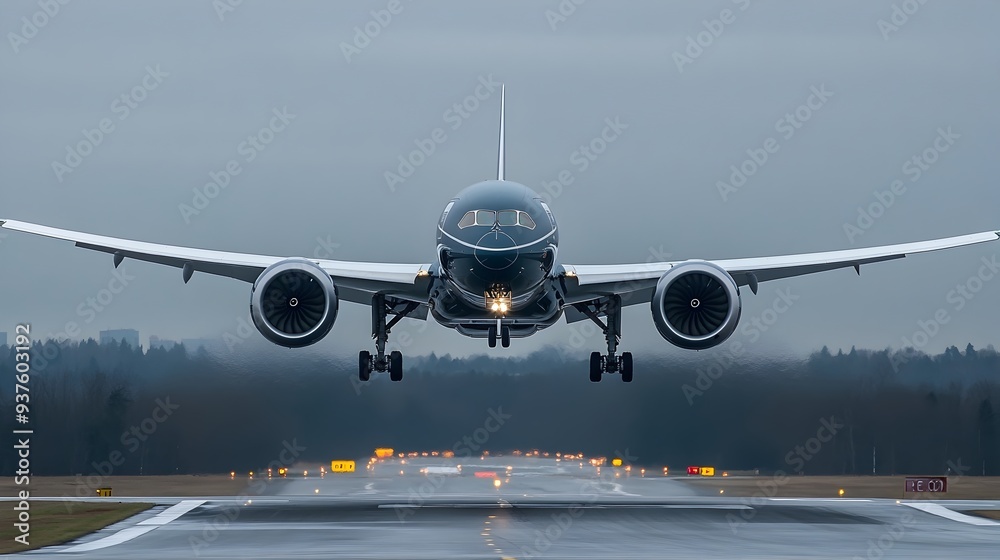 Naklejka premium Commercial Airplane Taking Off From Airport Runway With Dramatic Sky Background
