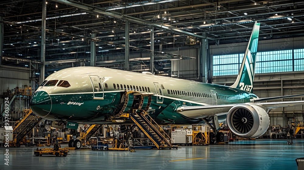 Large Commercial Jet Airliner Undergoing Maintenance in Spacious Aircraft Hangar Large Commercial Jet Airliner Undergoing Maintenance in Spacious Aircraft Hangar