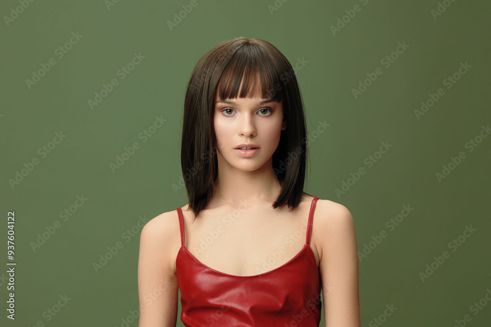 Young woman in a red dress, standing with hands on hips, her hair tied in a ponytail, confidently posing for the camera in a studio setting Young woman in a red dress, standing with hands on hips, her hair tied in a ponytail, confidently posing for the camera in a studio setting