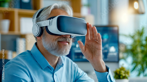 An older man engages with virtual reality technology in a modern office setting while wearing VR headset and headphones