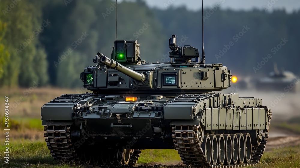Fototapeta premium Powerful Military Tank Maneuvering Across Rugged Terrain During Combat
