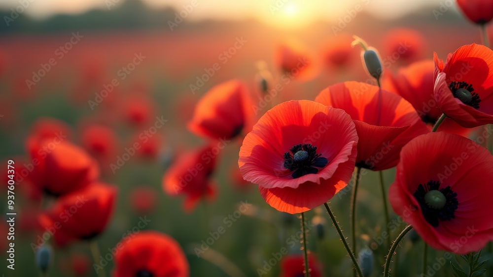 Naklejka premium A field of red poppies at sunset, with a focus on the vibrant flowers in the foreground, symbolizing remembrance and peace