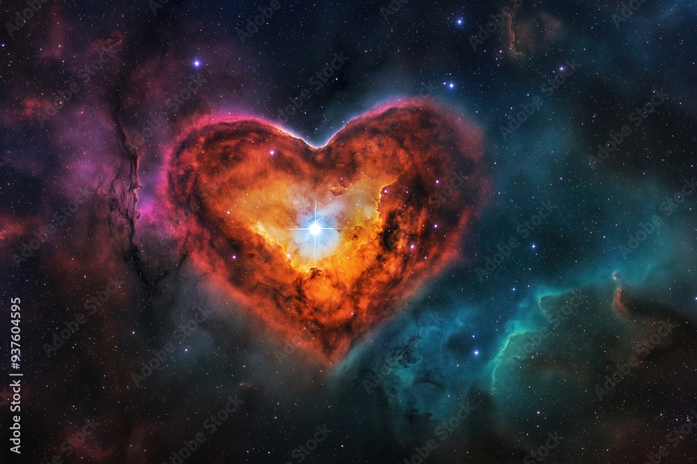 Heart shaped nebula floating in deep space with bright star Heart shaped nebula floating in deep space with bright star