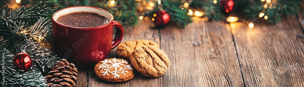 A warm cup of coffee paired with delicious cookies, surrounded by festive decorations for a cozy winter atmosphere. A warm cup of coffee paired with delicious cookies, surrounded by festive decorations for a cozy winter atmosphere.