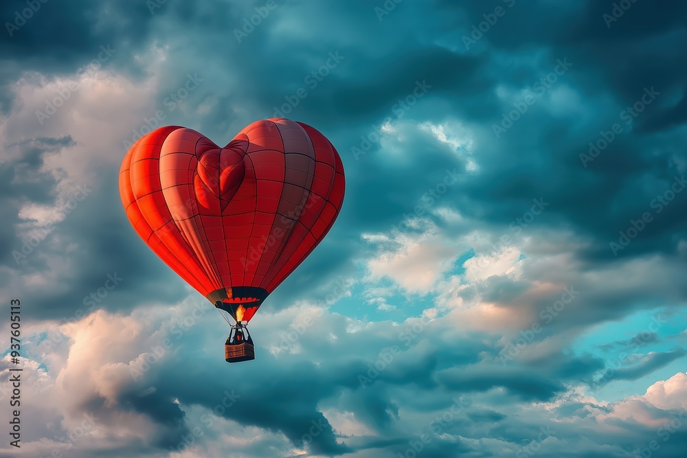 Fototapeta premium Red hot air balloon shaped like a heart is flying in cloudy sky