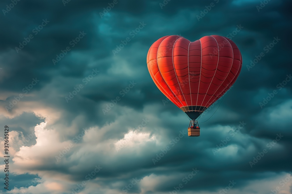 Fototapeta premium Red heart shaped hot air balloon flying in cloudy sky