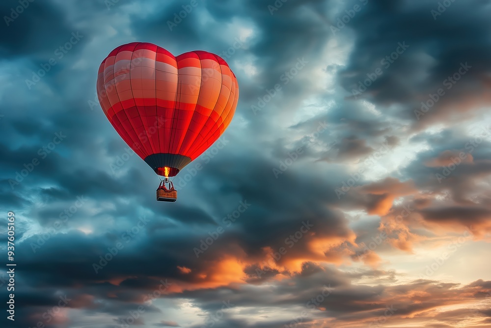Heart shaped hot air balloon flying in cloudy sunset sky Heart shaped hot air balloon flying in cloudy sunset sky