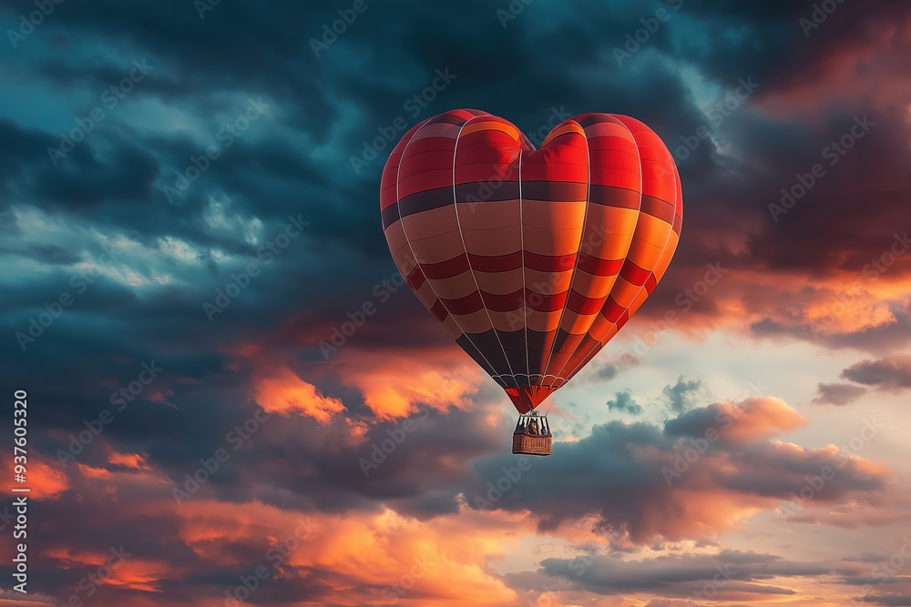 Heart shaped hot air balloon flying in dramatic sunset sky Heart shaped hot air balloon flying in dramatic sunset sky