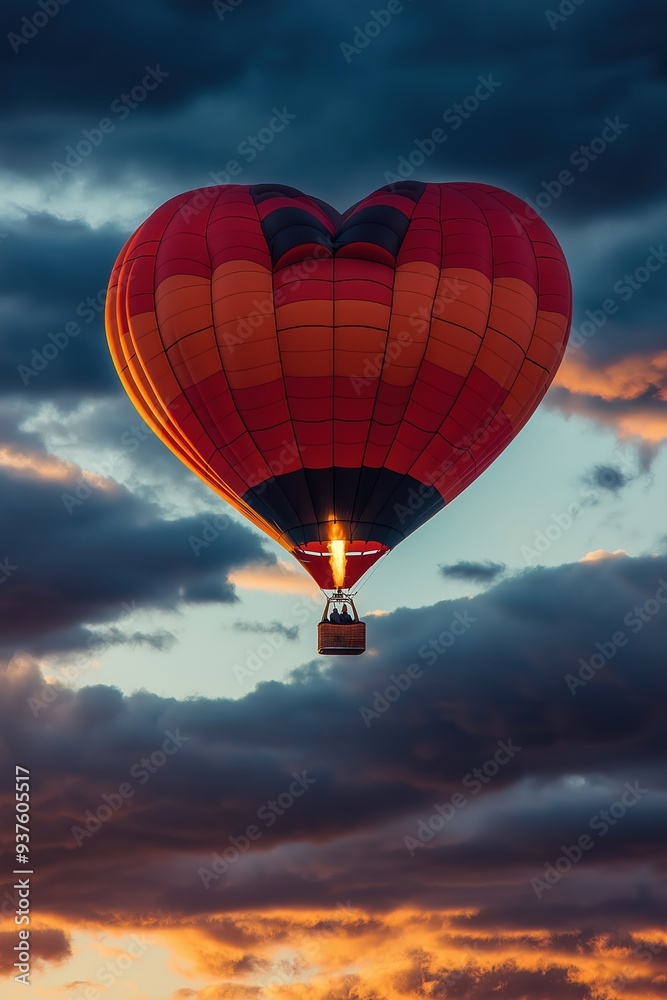 Heart shaped hot air balloon flying in cloudy sunset sky