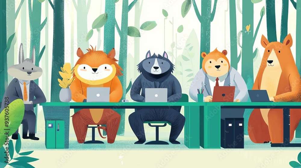Fototapeta premium An illustration of a business team as animals, working together in a forest-themed office
