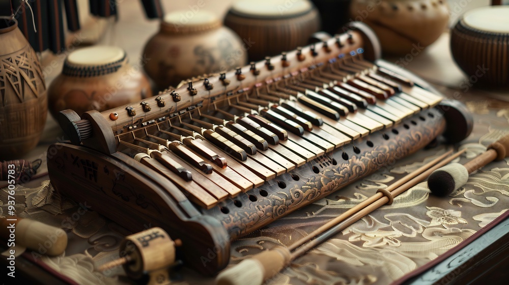 Wooden Musical Instrument with Carved Details Wooden Musical Instrument with Carved Details