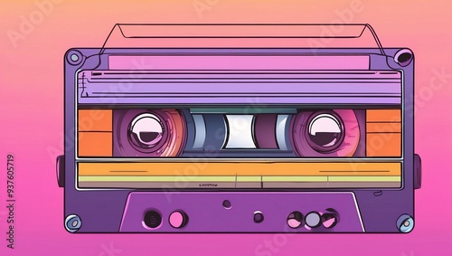 A retro cassette tape, pink, purple, orange, and green gradient, with a cartoon style aesthetic in the style of lofi