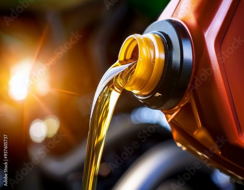 Engine Life: Close-Up of Motorcycle Oil Flowing from Bottle